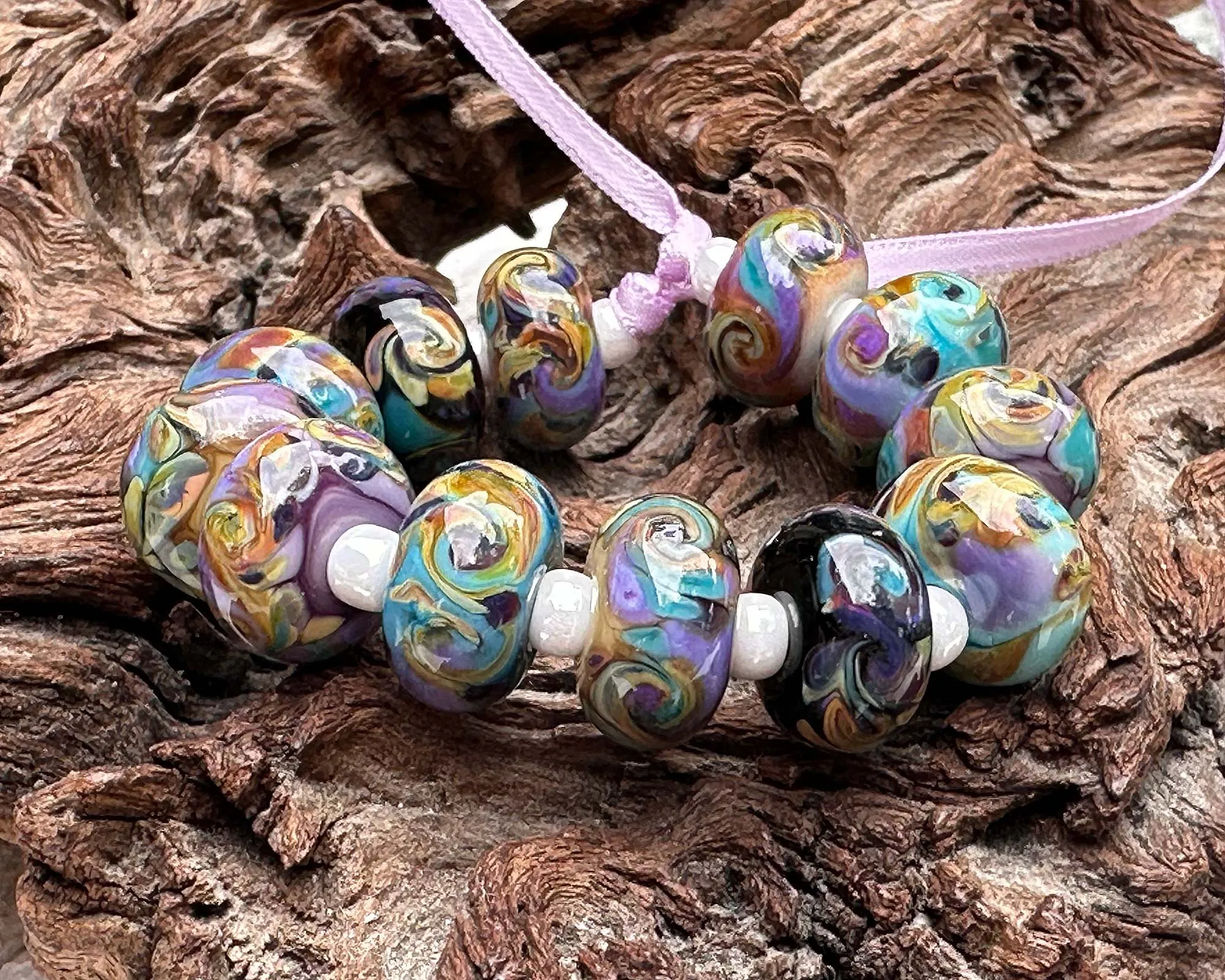 12 Desert Opal Swirls Lampwork Beads Set SRA