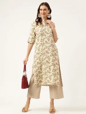 Beige Floral Digital Printed Straight Fold Sleeve Kurta