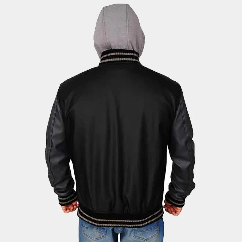 Best Sale Genuine Looking Black & Grey Hoodie Leather Varsity Jacket