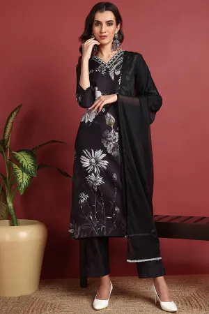 Black Silk Blend Floral Printed Straight Suit Set