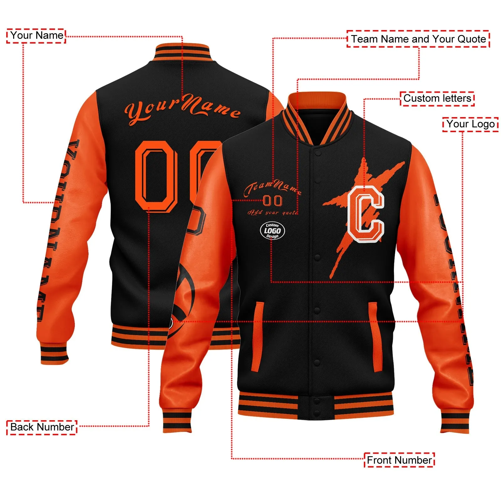 Custom Black Orange Cincinnati Jacket Bomber Full-Snap Varsity Letterman Personalized Jacket FZ005SX-D020290-6