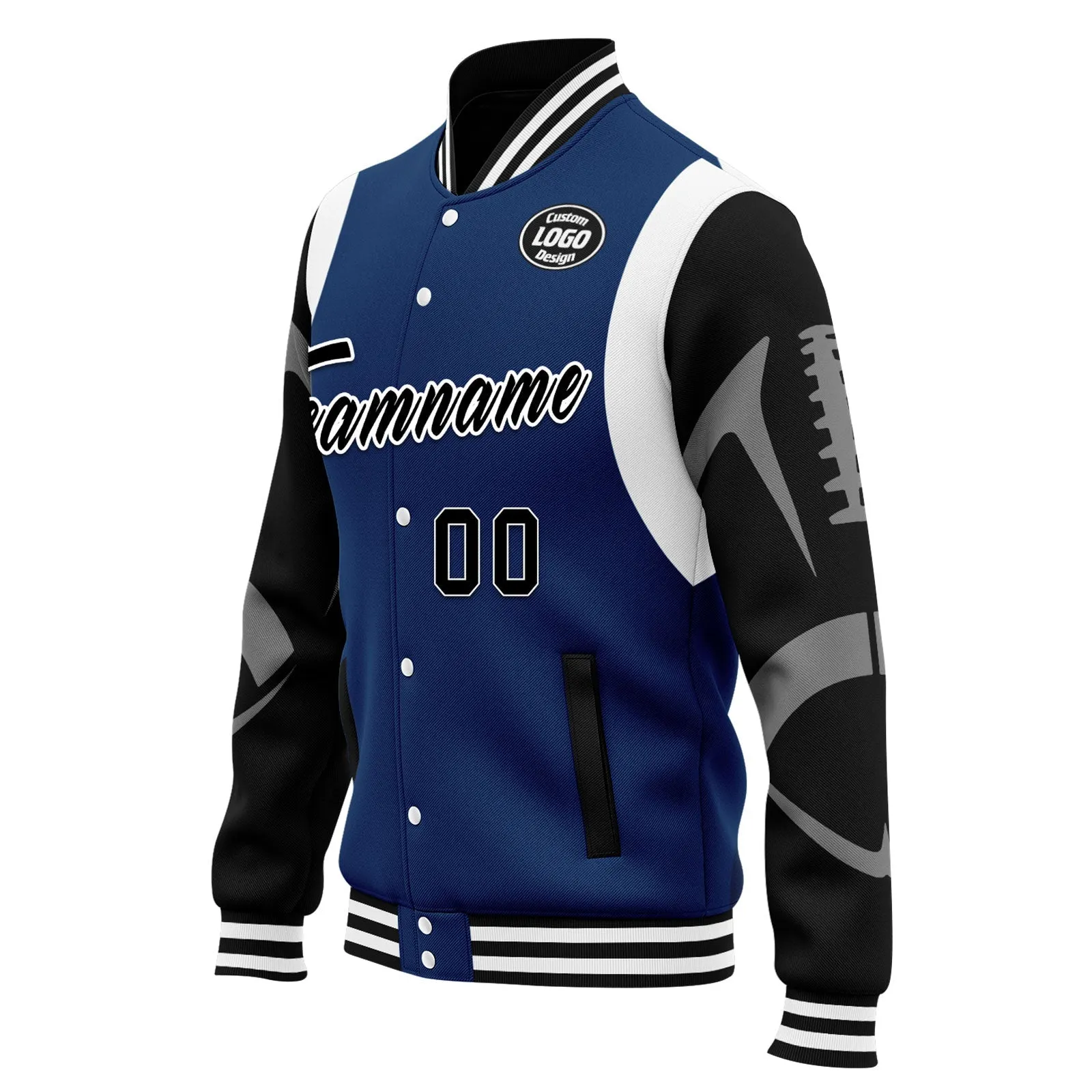 Custom Blue Black Indianapolis Jacket Bomber Full-Snap Varsity Letterman Personalized Jacket FZ005-D025004-16