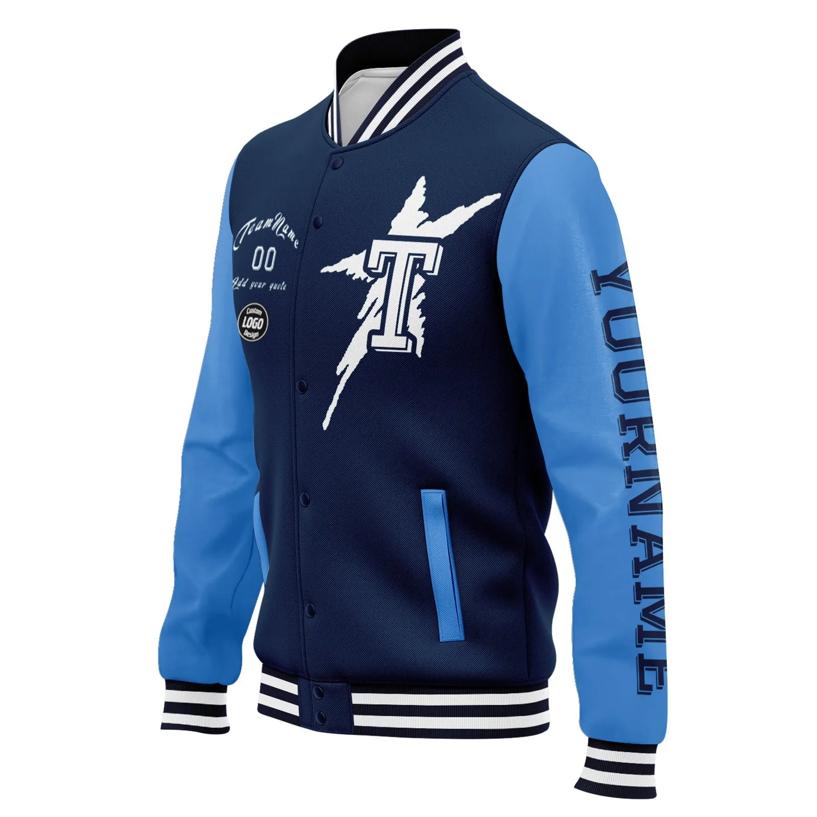 Custom Blue Tennessee Jacket Bomber Full-Snap Varsity Letterman Personalized Jacket FZ005SX-D020290-32