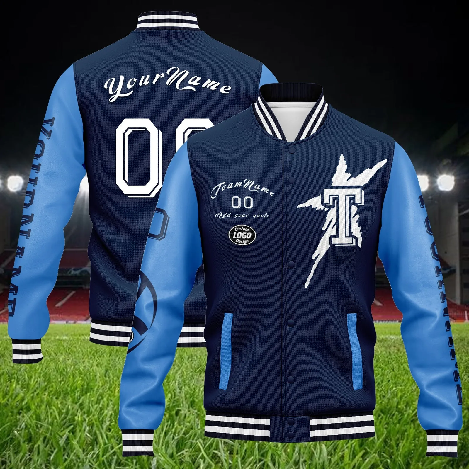 Custom Blue Tennessee Jacket Bomber Full-Snap Varsity Letterman Personalized Jacket FZ005SX-D020290-32