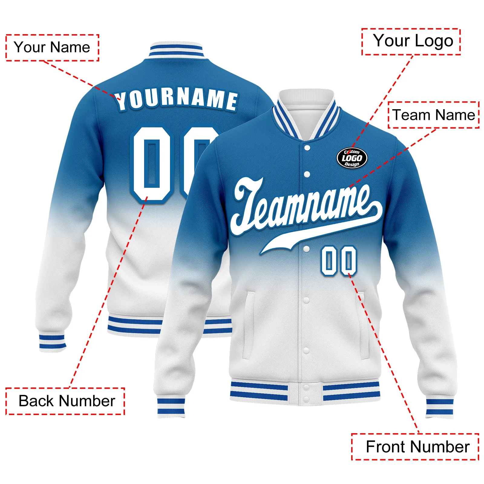 Custom Blue White Fade Fashion Jacket Bomber Full-Snap Varsity Letterman Personalized Jacket FZ005-D020229-18