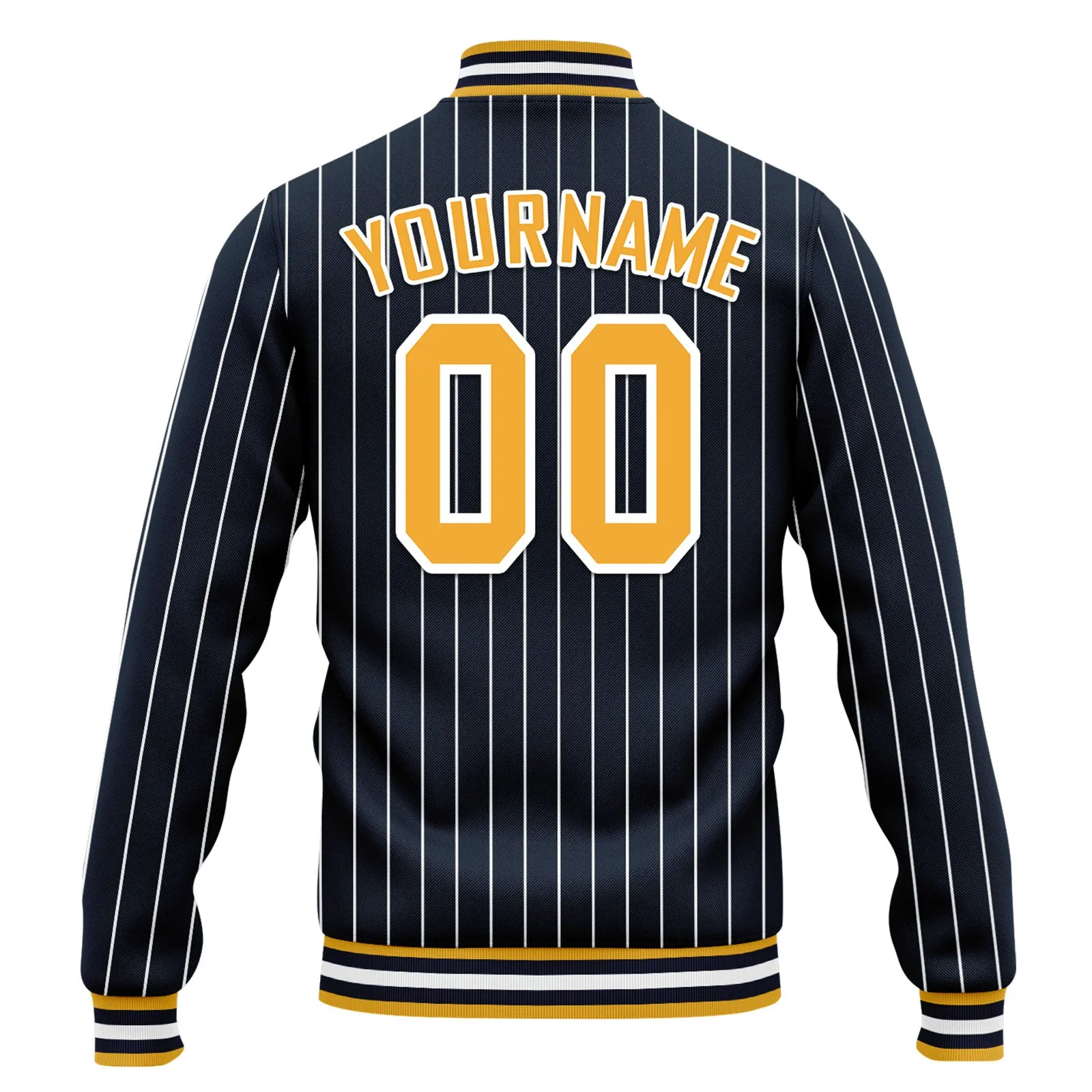 Custom Navy Yellow Stripe Fashion Jacket Bomber Full-Snap Varsity Letterman Personalized Jacket FZ005-D020219-21