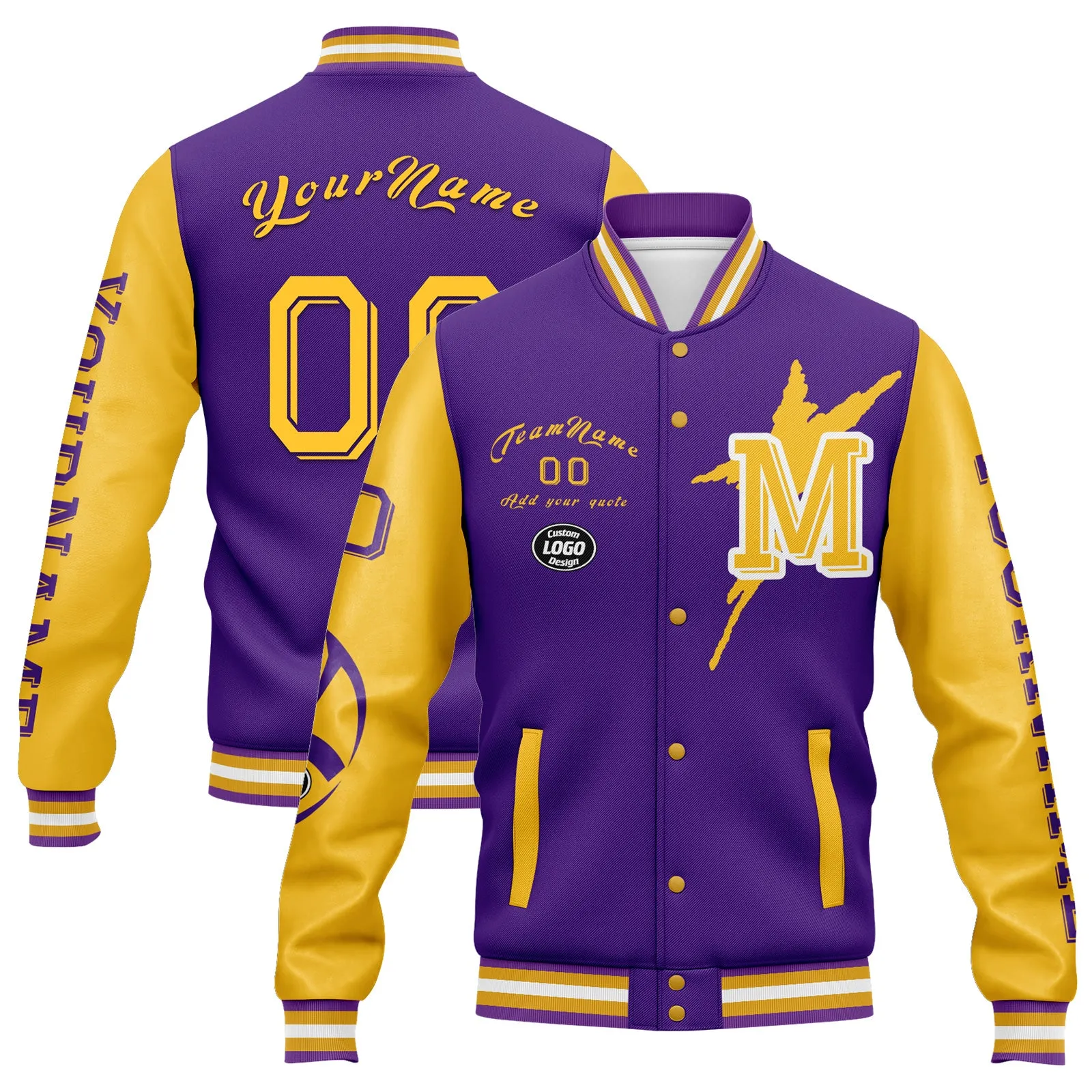 Custom Purple Yellow Minnesota Jacket Bomber Full-Snap Varsity Letterman Personalized Jacket FZ005SX-D020290-17