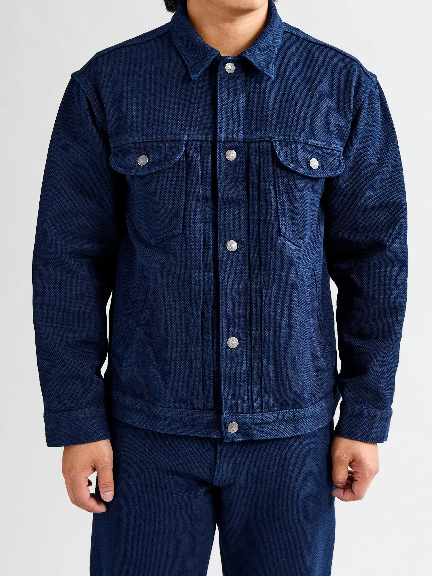 Double Cloth Sashiko Trucker Jacket in Hand Dyed Indigo