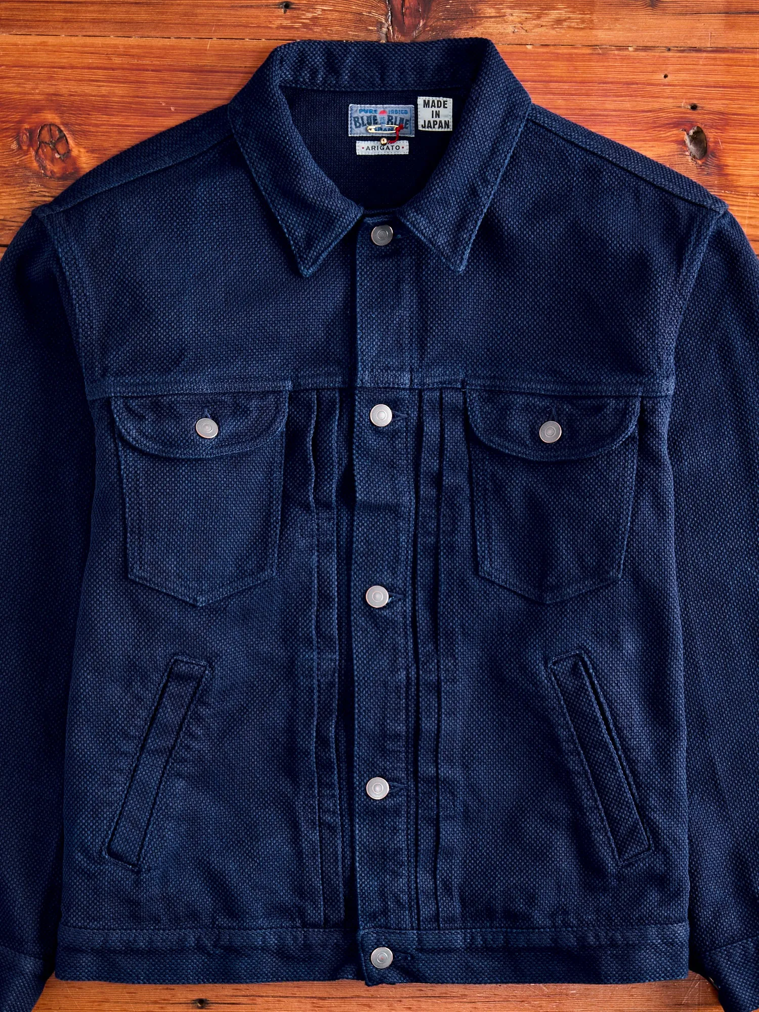 Double Cloth Sashiko Trucker Jacket in Hand Dyed Indigo