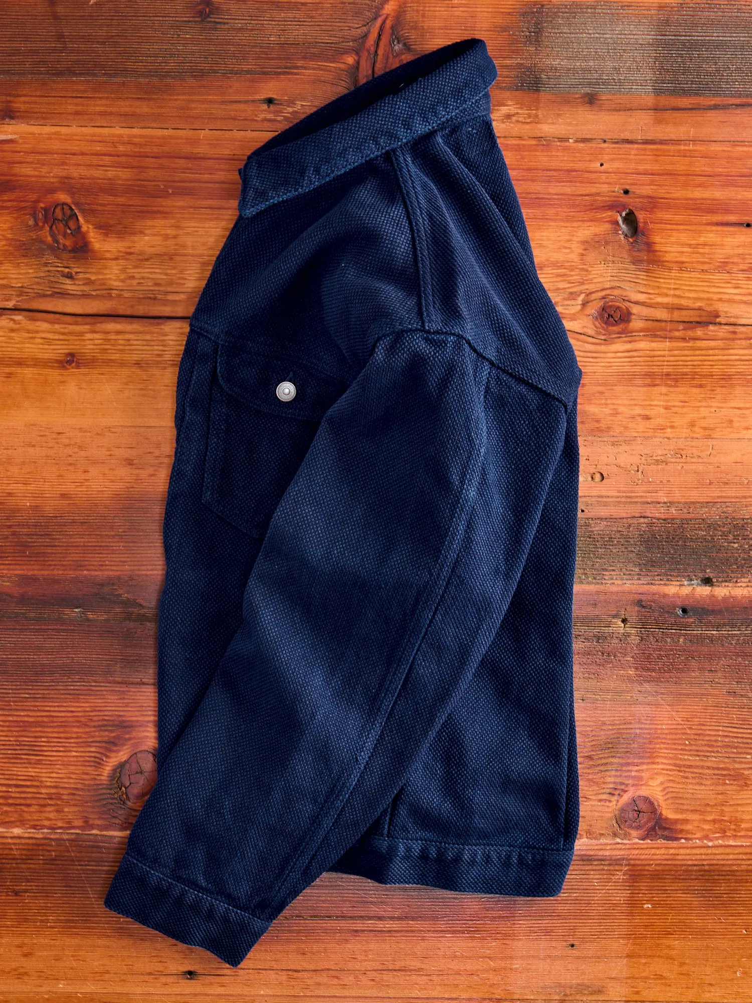 Double Cloth Sashiko Trucker Jacket in Hand Dyed Indigo