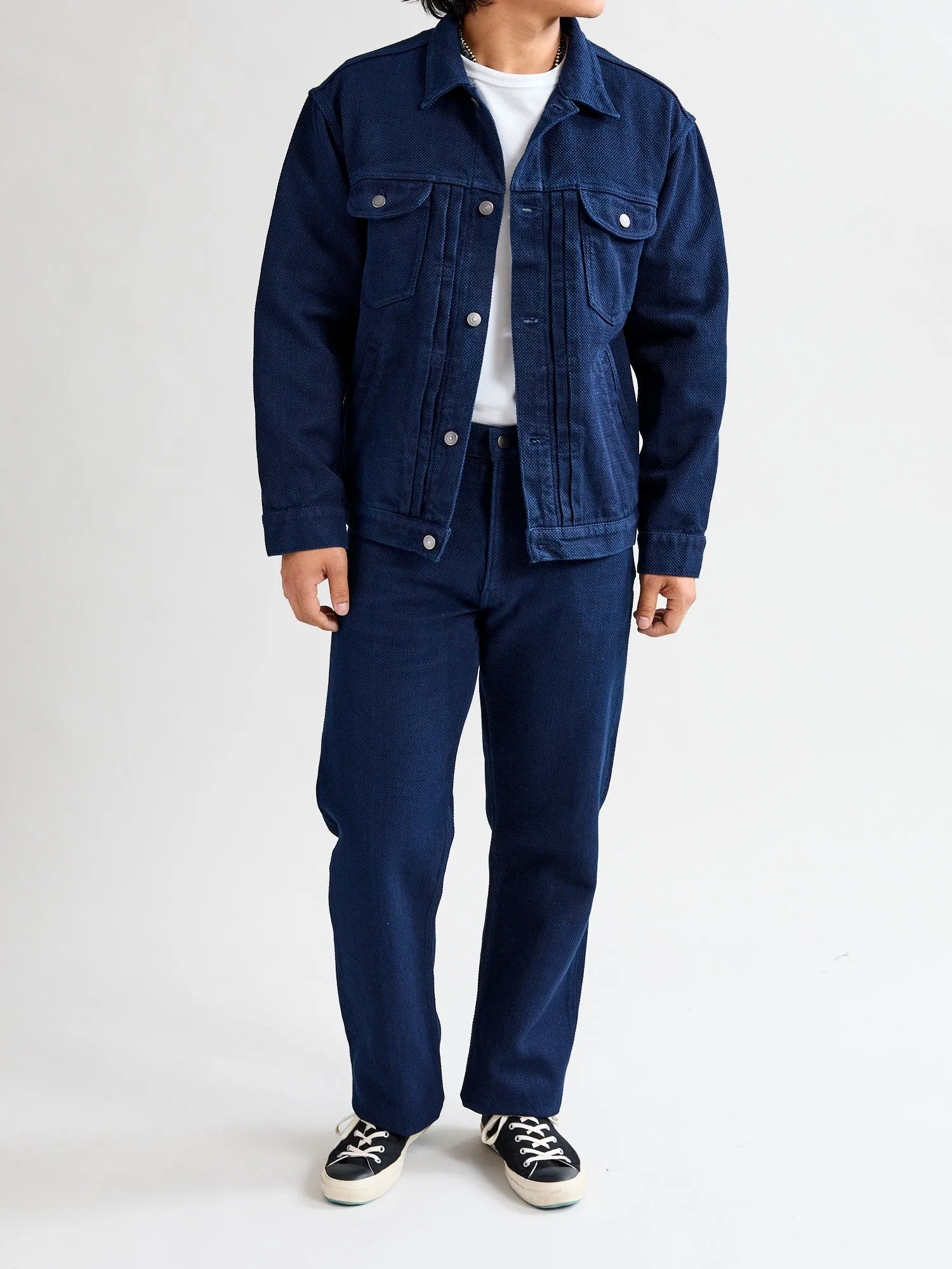 Double Cloth Sashiko Trucker Jacket in Hand Dyed Indigo