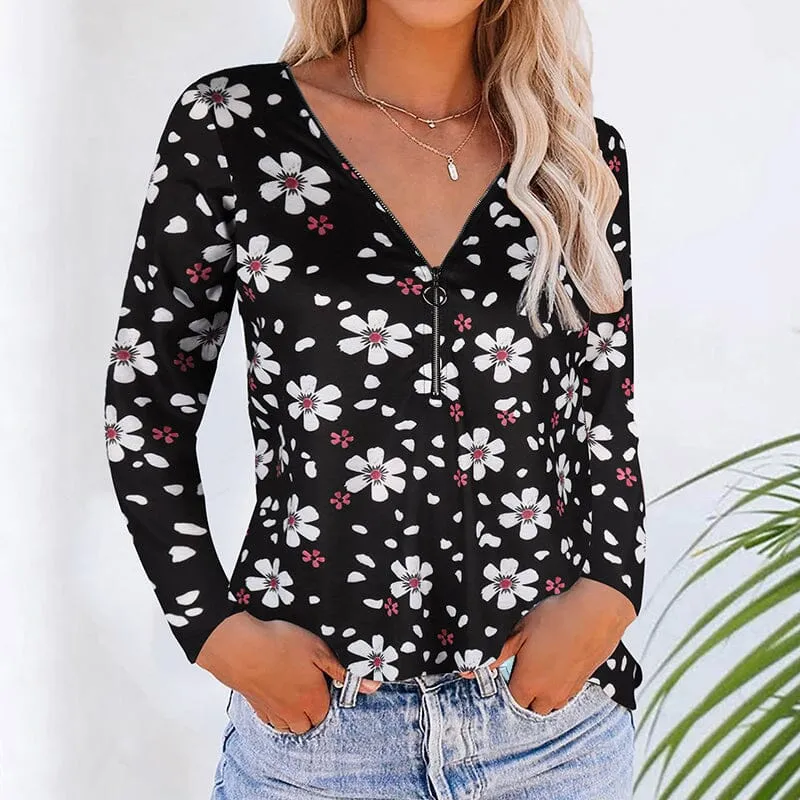 Floral Zipper V-neck Long Sleeves Shirt