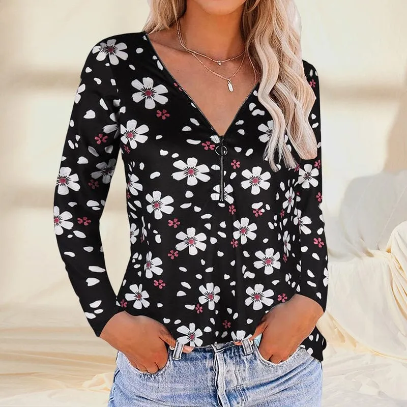 Floral Zipper V-neck Long Sleeves Shirt