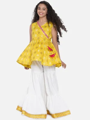 Girls Mustard Yellow Floral Printed Angrakha Kurti With Sharara