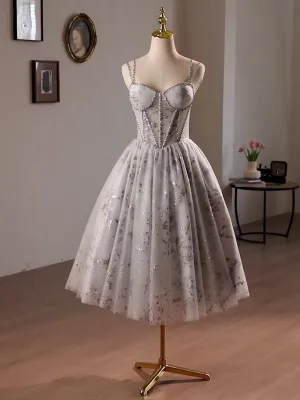 Gray Tulle Sequins Straps Homecoming Dress