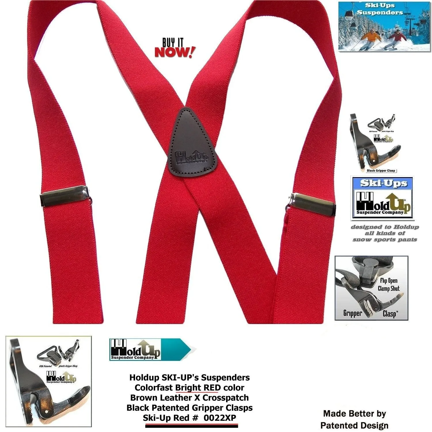 Holdup Brand 42" Teen Red X-back Suspenders 1 1/4" wide with USA Patented Gripper Clasps