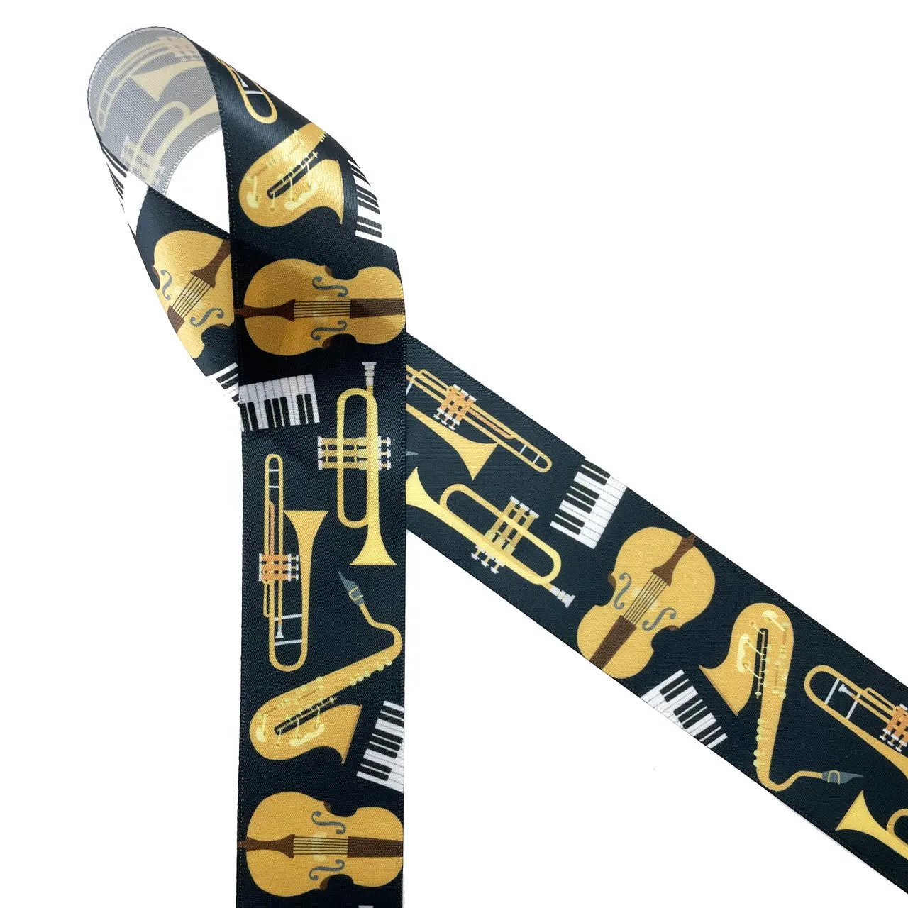 Musical Instruments in gold, black and white printed on 1.5"white single face satin