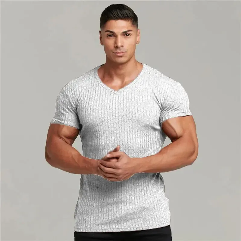 New Summer Men's Fashion T-Shirt Knitting V-Neck Slim Fit Tee Shirt Mens Short Sleeve Pullovers Tshirts Men Fitness Knittwear