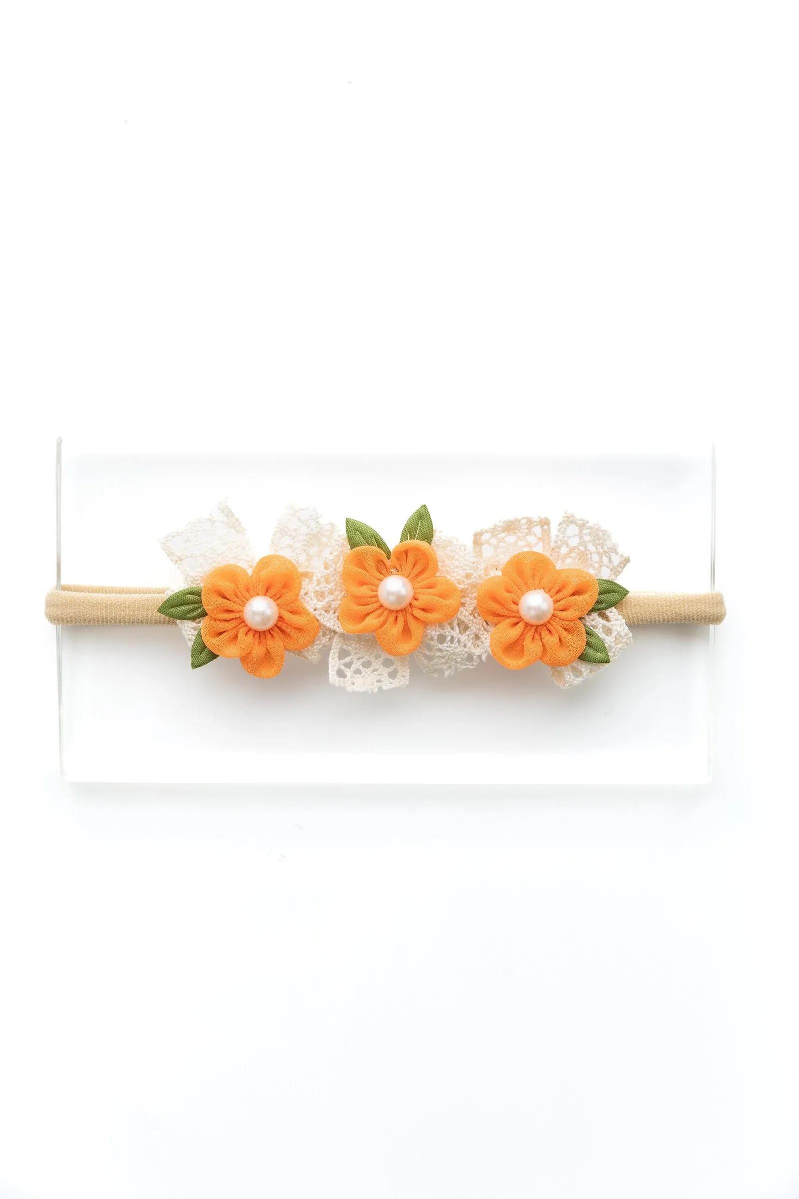 Newborn Three Flower Chiffon & Lace Headband- Orange