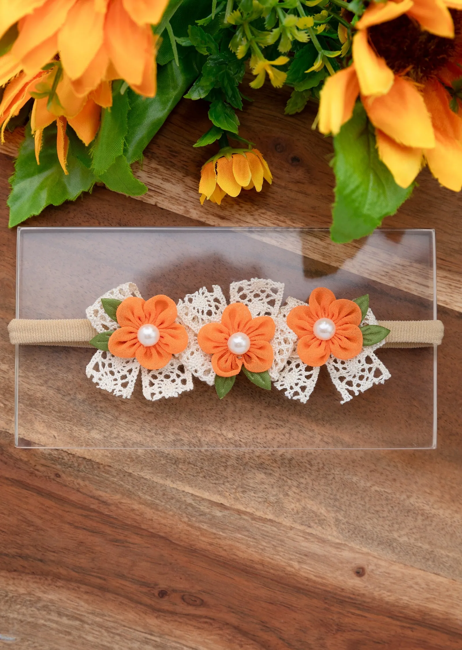 Newborn Three Flower Chiffon & Lace Headband- Orange