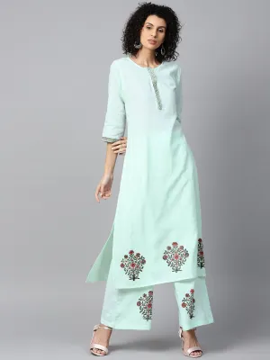 Pista Green 3/4Th Sleeve Cotton Block Printed A-Line Kurta With Flared Palazzo