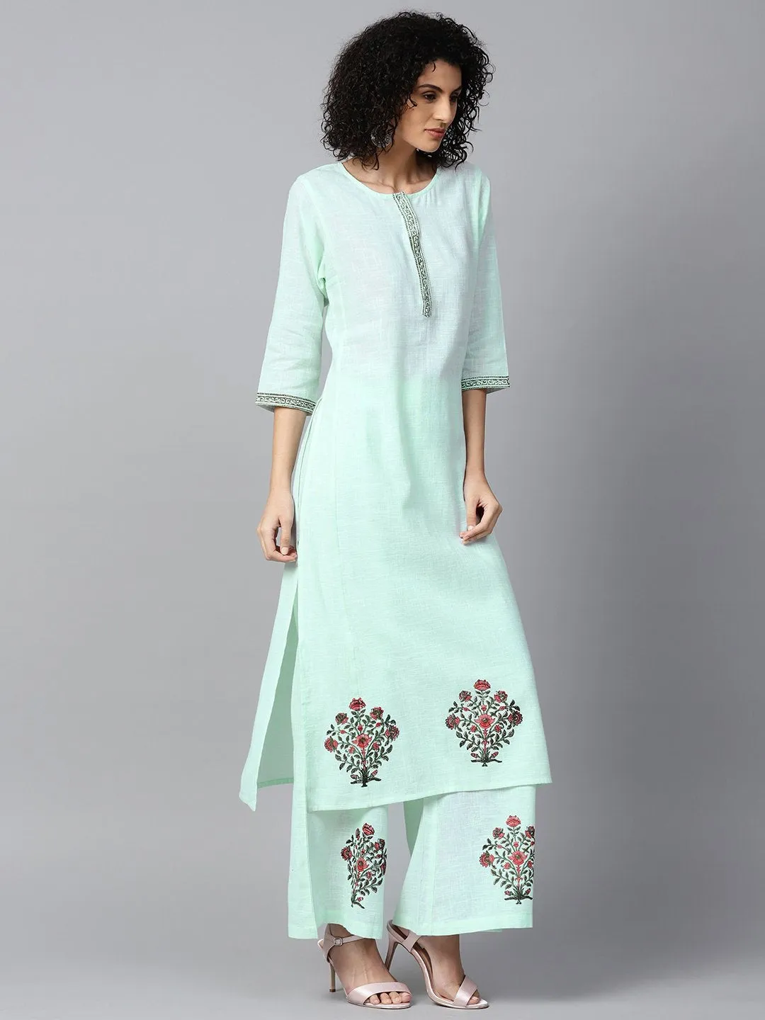 Pista Green 3/4Th Sleeve Cotton Block Printed A-Line Kurta With Flared Palazzo