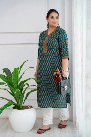 Plus Size Green Printed Straight Kurta For Women