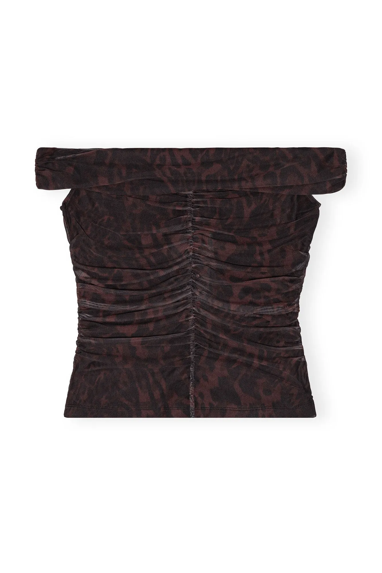 Printed Mesh Off Shoulder Ruched Top | Bitter Chocolate