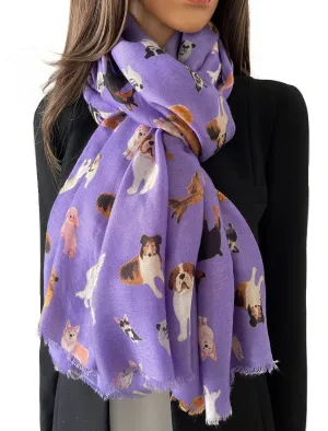 PURPLE COTTON BLEND DOG PRINT LIGHTWEIGHT SCARF