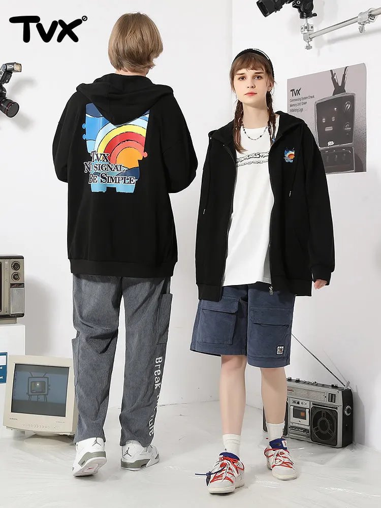 Rainbow letters TV printed hooded cotton jacket cardigan hoodie