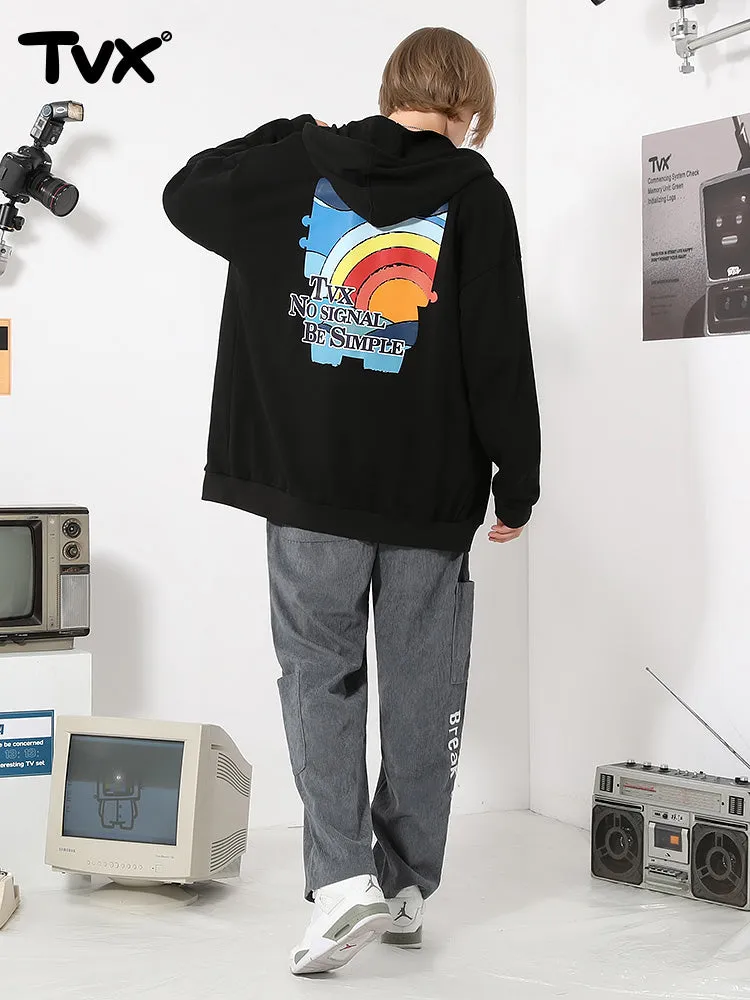 Rainbow letters TV printed hooded cotton jacket cardigan hoodie