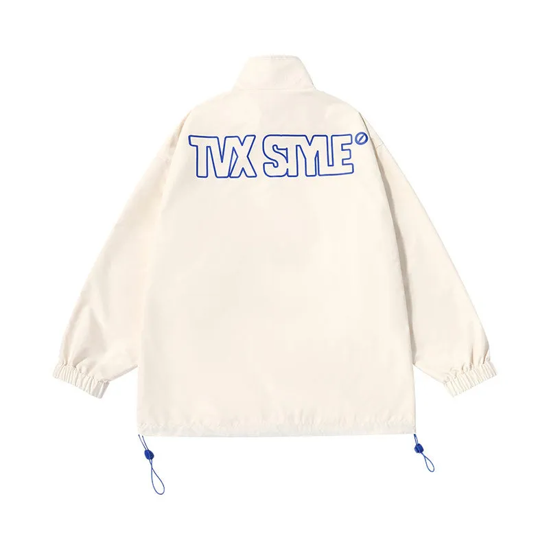 Simple style letter-printed label jacket with adjustable hem standing collar