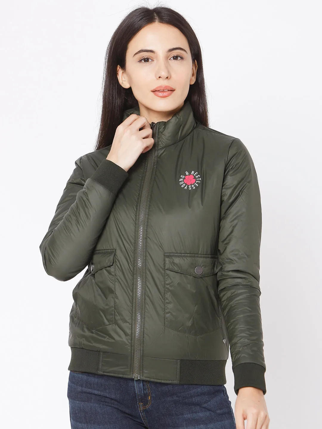 Spykar Green Olive Polyester Jacket For Women