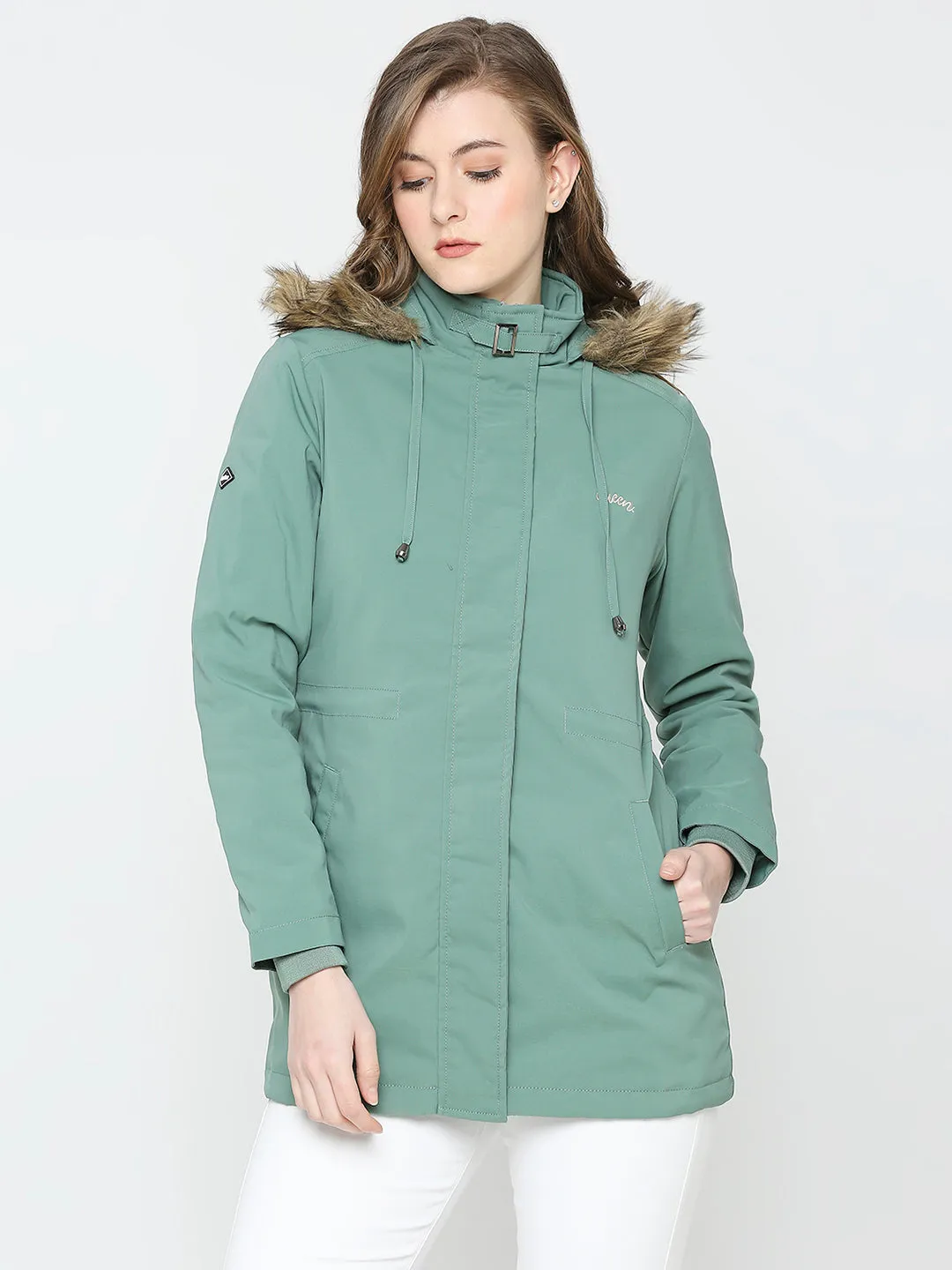 Spykar Women Sea Green Nylon Slim Fit Hooded Jacket