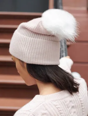 White   Warren - Cashmere Turnback Ribbed Beanie with Pom in Mother of Pearl/White