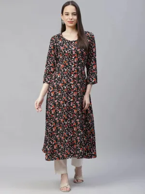 Women Black & Orange Floral Printed Floral Kurta