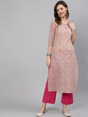 Women Blue Embroidered Mirror Work Printed Straight Kurta With Three Quarter Sleeves