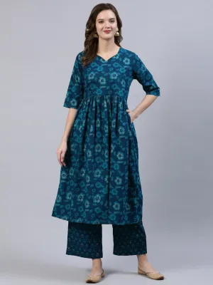 Women Green Floral Printed Gathered Kurta With Palazo