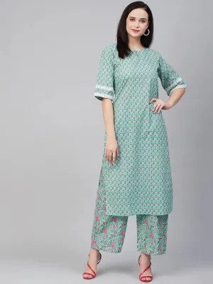 Women'S Green & Pink Printed Kurta With Palazzos